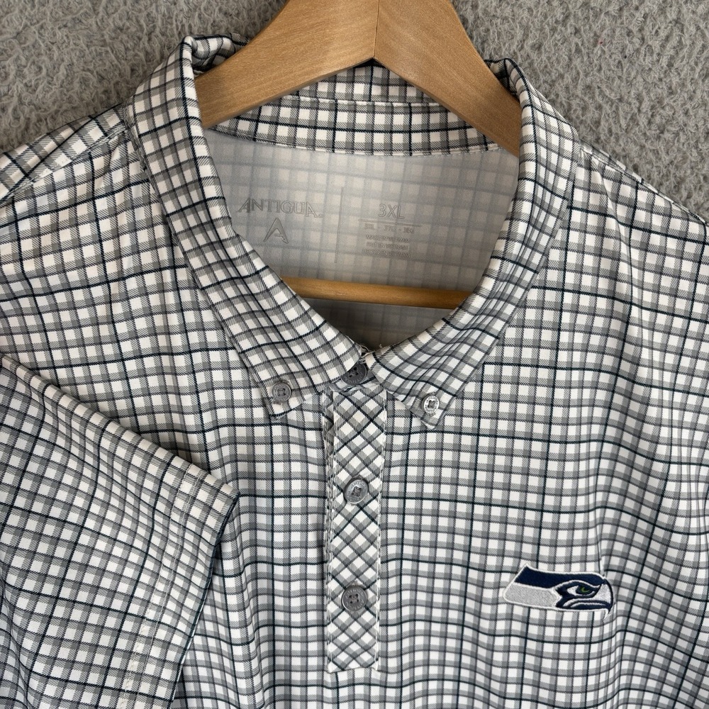 Seattle Seahawks Polo Shirt Men 3XL Gray Plaid Golf Performance Short Sleeve NFL